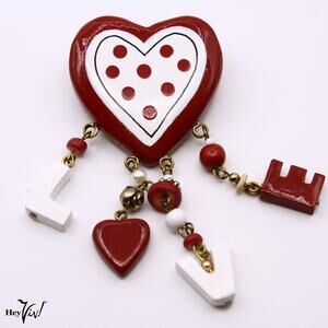 Vintage Red White Heart Dangle Pin Brooch LOVE Letters Valentine Kitsch Hey Viv